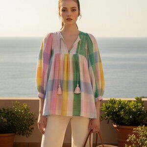 Mille Charlie Top Pastel Plaid Peasant Blouse NWT XXS Cotton